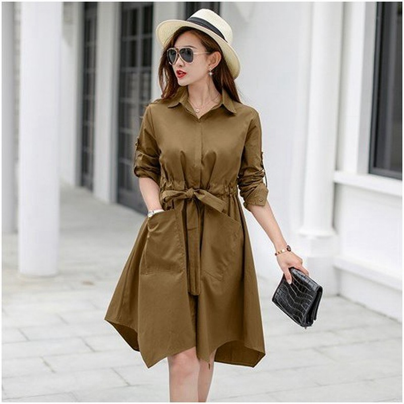 ワンピース レディース 夏 カジュアル シャツワンピース 襟付き Vネック 長袖 ハイウエスト ウエストリボン ウエスト絞り ミドル丈 Aライン 不規則 無地 通勤 通販 Lineポイント最大get Lineショッピング