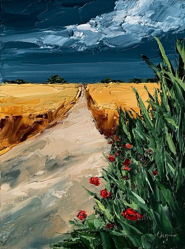 原始風雨如磐的風景黃色田野油畫在帆布紋理厚塗