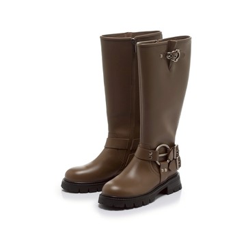 HAPPYFACE 個性帶釦真皮長靴 咖啡 日本京都聯名 (7B2993)