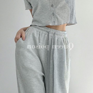 灰色華夫格運動褲女春秋2022新款寬松直筒闊腿衛褲高腰抽繩束腳褲