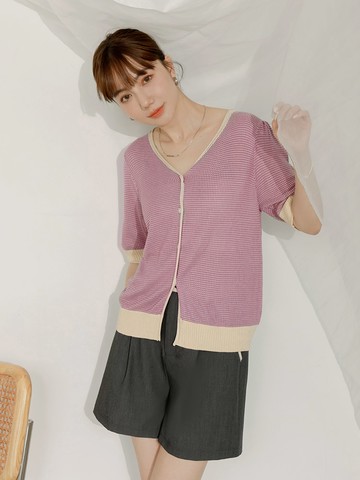 小V臉．V領開襟雙色織紋針織短袖外套