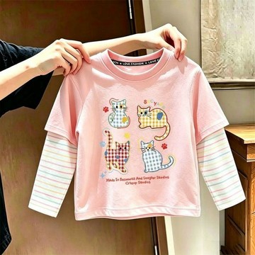 兒童長袖上衣 女童上衣 男童上衣 保暖上衣秋季新款女童長袖T恤兒童卡通假兩件上衣女孩寶寶可愛洋氣打底衫童裝