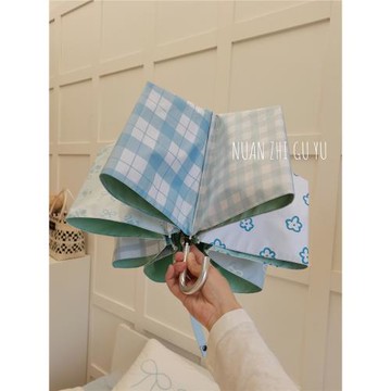 藍色格子碎花雨傘女晴雨兩用彩膠超防曬紫外線戶外遮陽彎鉤太陽傘