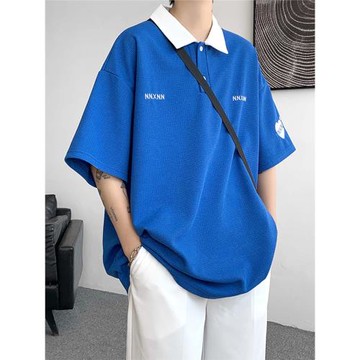 美式華夫格POLO衫男短袖潮牌男裝衣服夏季翻領T恤寬松大碼5分半袖