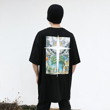 歐美復古希臘地圖十字架刺繡短袖T恤男女國潮牌情侶街頭寬松上衣