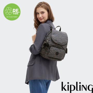 『猴子包』Kipling 幾何印花拉鍊掀蓋後背包-CITY PACK S