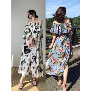 多穿*2款多色現貨秒出💖實拍【JinG】渡假海島🌴綁帶挖肩斷袖/一字領/平口/斜肩花朵*長洋裝 碎花側開岔洋裝 休閒長裙