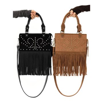 YOSHUYUKI原創設計黑棕兩色復古鉚釘圖案朋克手提斜挎兩用流蘇包