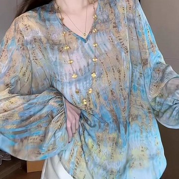 【雅韻衣櫥】法式藍色雪紡女長袖夏季新款v領寬鬆印花上衣氣質民族風防曬小衫