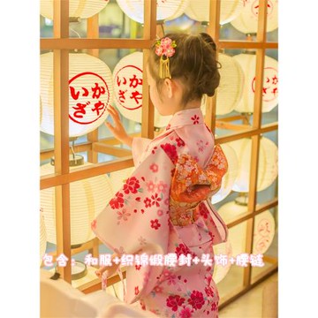 包郵春夏兒童女和服浴衣振袖正裝配腰封粉櫻花日系和風煙火祭