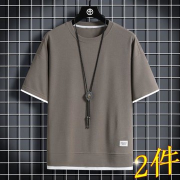 短袖t恤男華夫格夏季潮寬松圓領透氣純色重磅打底衫男士百搭半袖