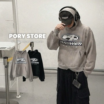 【PORY STORE】 韓國 ANSWER 短版 厚磅 刷毛 街頭 水洗 賽車長袖 長袖帽t 帽t 水洗t 韓國長袖