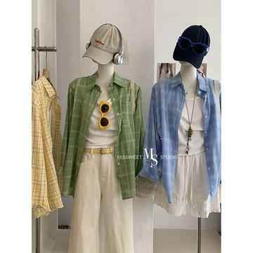 missweet 實拍｜奶油系 格紋襯衫二件套 (襯衫+背心)。3色