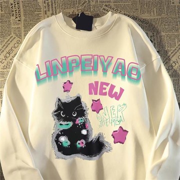 美式復古星星貓咪衛衣男女春秋季新款寬松慵懶風chic情侶薄款外套