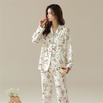 【巴黎精品】睡衣套裝長袖居家服-純棉翻領小動物印花女休閒服w1ad13
