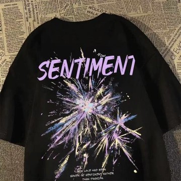 100%純棉美式高街煙花字母短袖t恤男女夏季新款寬松百搭情侶上衣