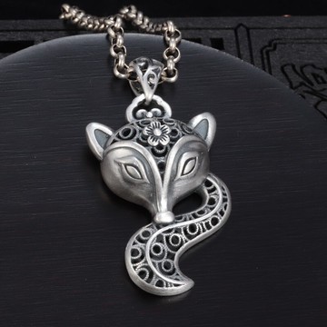 純銀吊墜女99足銀狐貍吊墜復古可愛鏤空網紅銀掛件民族風創意轉運