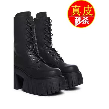 10cm超高跟厚底靴女2025年秋冬小個子增高加絨短靴粗跟真皮馬丁靴