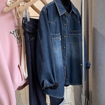 上衣 女裝 長袖 加絨加厚 襯衣 外套 歐貨復古做舊加絨牛仔襯衫女秋冬小個子休閒加厚疊穿打底襯衣外套