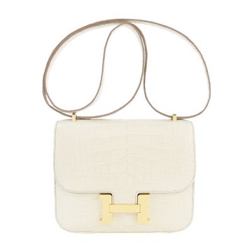 Hermes 愛馬仕 Constance 18cm U刻 稀有鱷魚皮斜背包(8L冰川白/金釦)