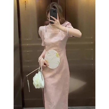 新中式提花粉色藝術連衣裙子精致高端絕美茶歇國風女裝宴會小禮服