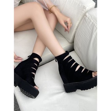 女鞋新款2026爆款時尚氣質厚底羅馬涼鞋小個子內增高鏤空魚嘴涼靴