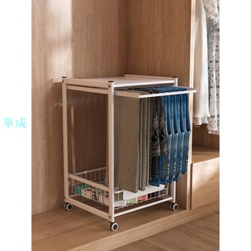 可移動褲架抽拉式多功能晾褲子置物架白色金屬帶輪褲子收納架落地 IYKZ