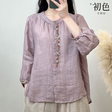 初色 棉麻碎花刺繡休閒寬鬆顯瘦輕薄透氣圓領長袖襯衫上衣女上衣-共5色-35458(M-4XL可選)