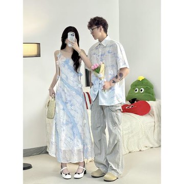 情侶裝2025新款海邊沙灘度假風一裙一衣法式甜美藍色吊帶連衣裙夏