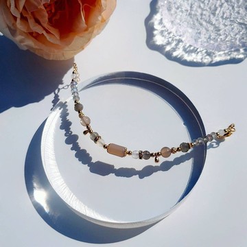 城市運轉之前。灰瑪瑙 拉長石 月光石 14K包金 水晶礦石設計手鍊