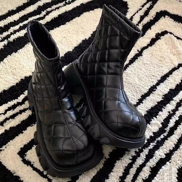2024秋冬新款復古厚底增高切爾西短靴女菱格粗跟單靴棉鞋馬丁靴女
