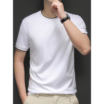 (免運)夏季高端男士絲光棉短袖t恤圓領修身高級感液氨純棉商務半袖體恤
