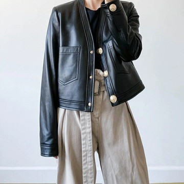 【巴黎精品】現貨+預購 皮衣外套真皮夾克-短款V領裝飾大扣女外套3色a1dp29