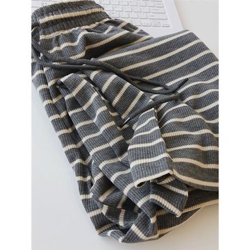 JU顯瘦厚實條紋針織褲女春秋百搭高腰直筒闊腿褲寬松休閑拖地長褲