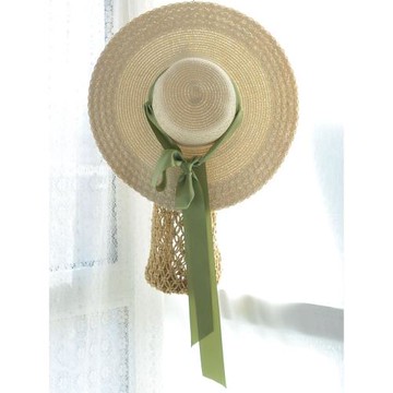 綠色綁帶遮陽草帽女夏天名媛復古飄帶沙灘帽大檐百搭海邊防風寬檐