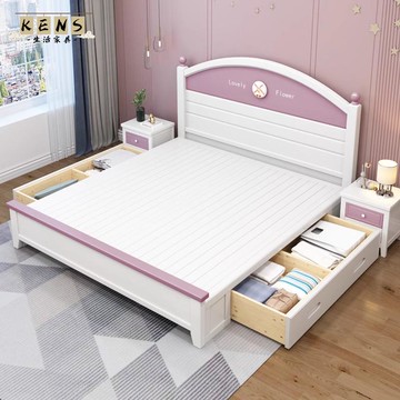 免運 包安裝 床 實木床 單人床 雙人床 現代簡約美式實木粉白色兒童床1.2米1.35米青少年1.5米公主床儲物工廠現貨直銷 售後保障 全館八折 店長新品推薦 5k1122