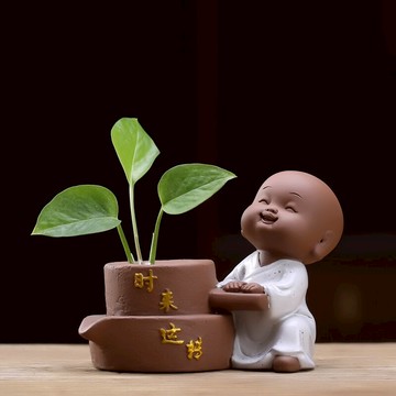 精品可養茶寵擺件小和尚創意個性花器水培小花插招財擺件茶具茶玩