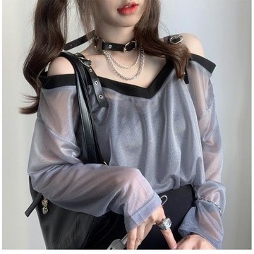 西洋果子原創 夢游愛神露肩網紗皮扣吊帶T恤薄款外套長袖防曬透衫