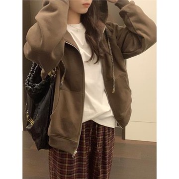 韓版純棉連帽休閑寬松格子內襯衛衣秋冬2025新款開衫顯瘦百搭上衣