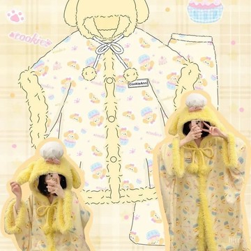 廚師狗餅餅鬥篷睡衣女秋冬季珊瑚絨加厚加絨睡袍可愛浴袍居服套裝 連體睡衣女 珊瑚絨加厚保暖睡衣 秋冬季 抽象搞怪 情侶睡袍