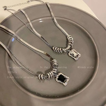 限時特賣🔥 嘻哈風~雙層方形鋯石項鏈女ins潮2023年新款小衆設計感衛衣鏈配飾