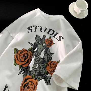 美式重磅t恤男玫瑰印花短袖設計感小眾上衣夏季潮牌寬松半袖體恤