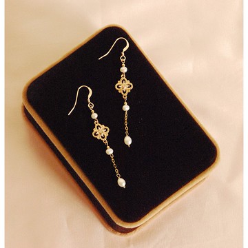 台灣現貨 14K包金 淡水珍珠耳環 長款 簡約 歐式 花紋 復古  包金 耳環 耳飾 優雅修長♚Yu識美♚