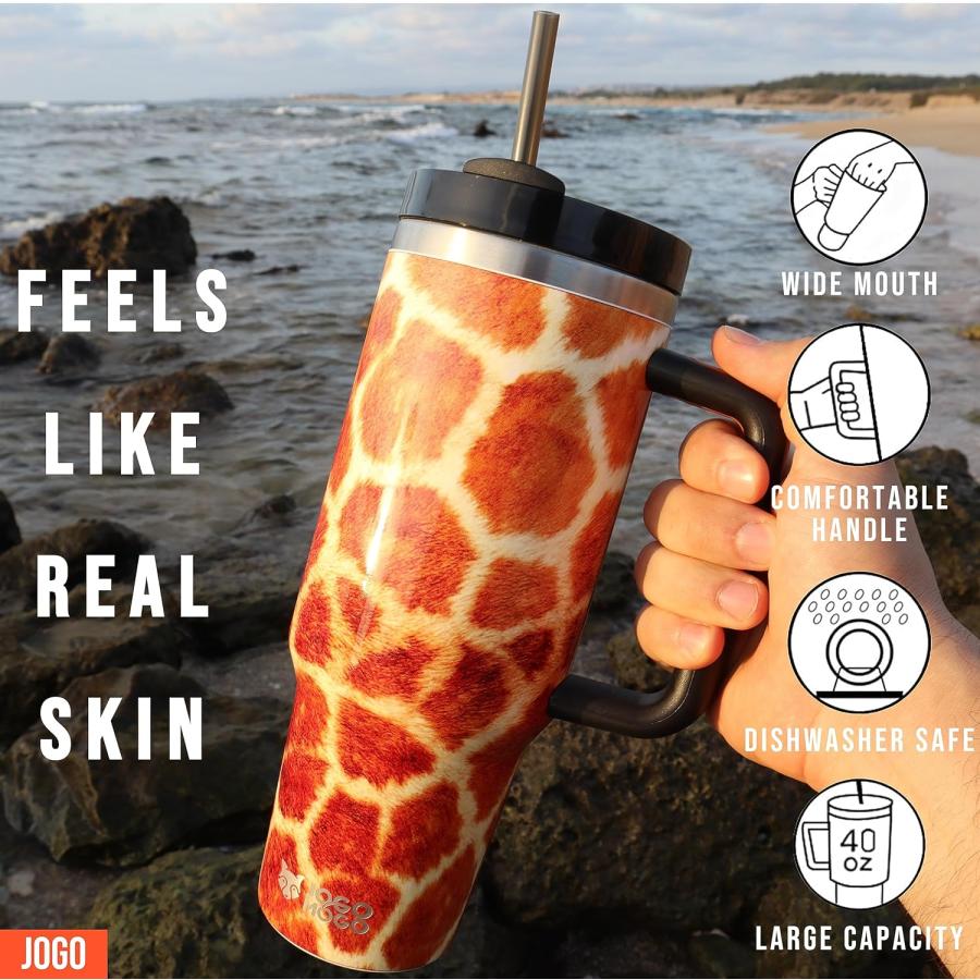 Simply Modern 40 oz Tumbler with Simple Handle and Straw Giraffe   Rambler Insulated Cup   Iced Coffee Stainless Steel Travel Mug   40oz Animal Pri