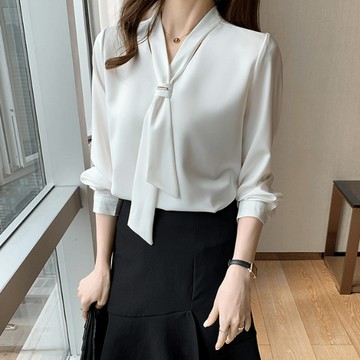 【9th street】 2025新款領帶雪紡衫 小眾設計感減齡上衣 韓版OL長袖襯衫 (預購)