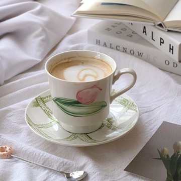 FHOME法式復古水彩郁金香櫻桃陶瓷咖啡杯碟子套裝 下午茶杯子