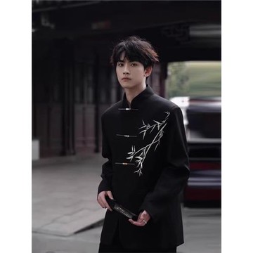 新中式男中國風休閑西裝外套男高級感痞帥飛機扣刺繡墊肩西服唐裝