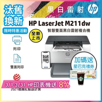 HP LaserJet M211dw 黑白無線雙面雷射印表機《汰舊換新機+加送星巴克咖啡禮券》