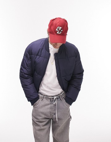 Topman puffer jacket with baseball collar in navy