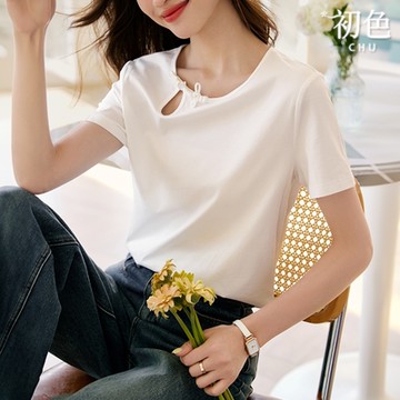 初色 純色休閒百搭水滴鏤空復古盤扣元領短袖T恤女上衣-白色-33959(M-2XL可選)